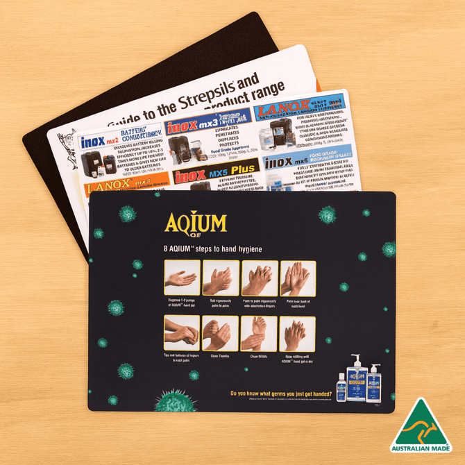 A countertop mat featuring hygiene instructions with a dark background, green graphics, and a logo.