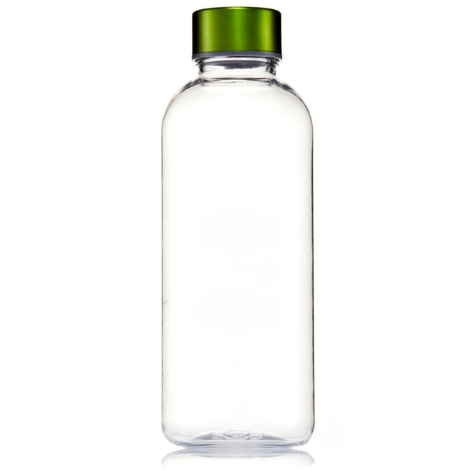 A drink bottle made of clear Tritan material with a green lid. It features a branding logo on the side.