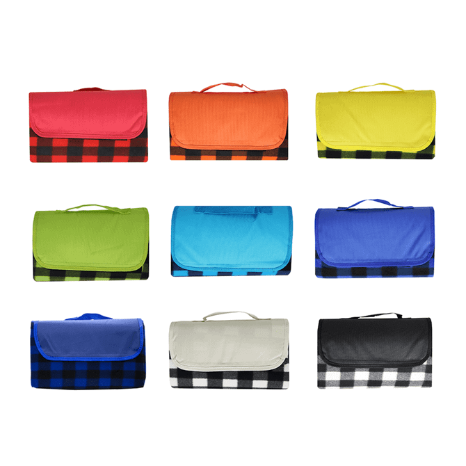 Nine picnic blankets in various colours, including red, orange, yellow, green, blue, purple, and black and white check patterns. Each has a handle.