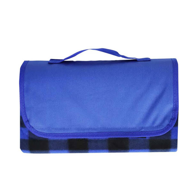 A folded blue picnic blanket with a black and blue checkered pattern, featuring a carry handle.