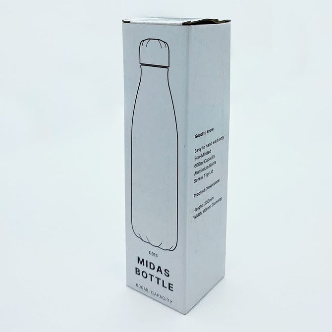 A drink bottle in a sleek silver design, inside a cylindrical white box with branding and product details.