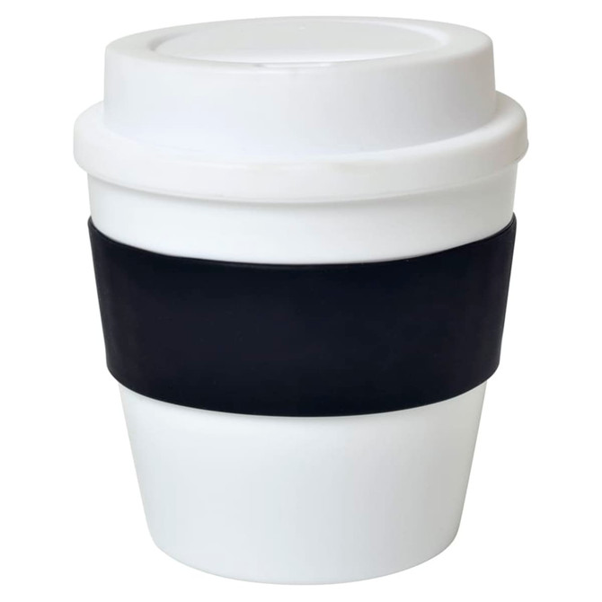 A drink cup in white with a black silicone band, featuring a lid and a simple design.