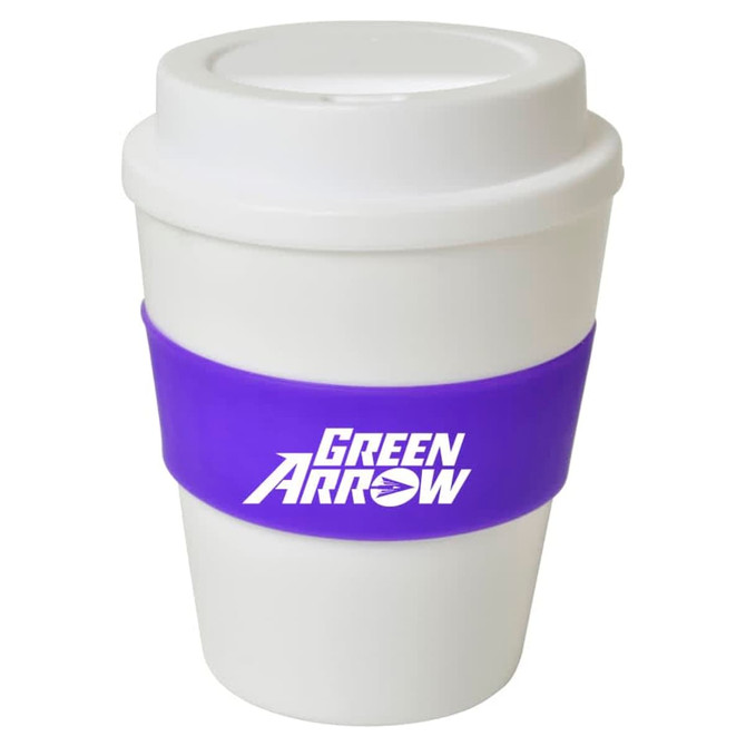 A drink bottle with a white body, purple sleeve, and a logo. Ideal for beverages on the go.