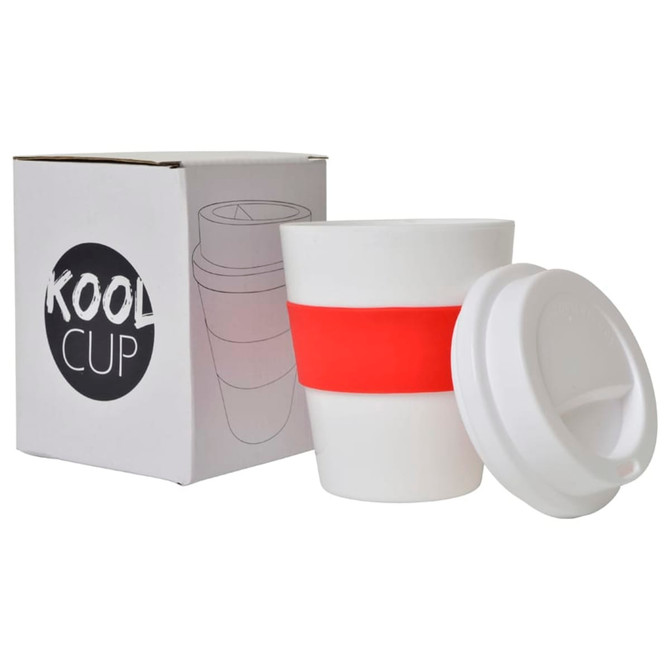 A drink bottle with a white body, red silicone band, and a lid, alongside its box featuring a logo.