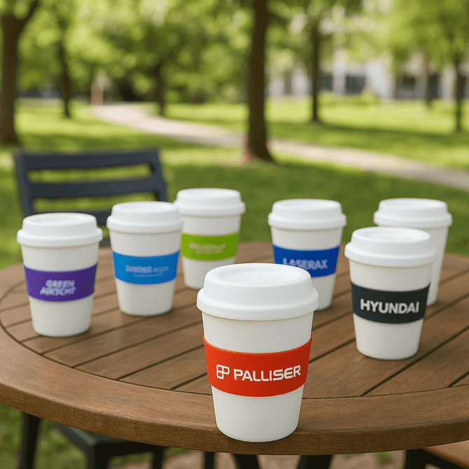 A collection of large white cups in various colours, displayed on a wooden table in a park-like setting. Each cup features a logo.