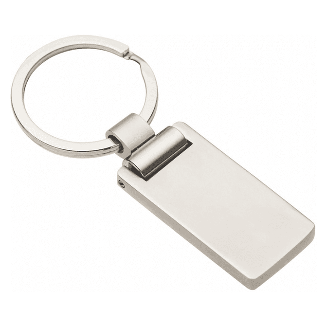 A silver keychain with a rectangular pendant and a circular ring for attaching keys.