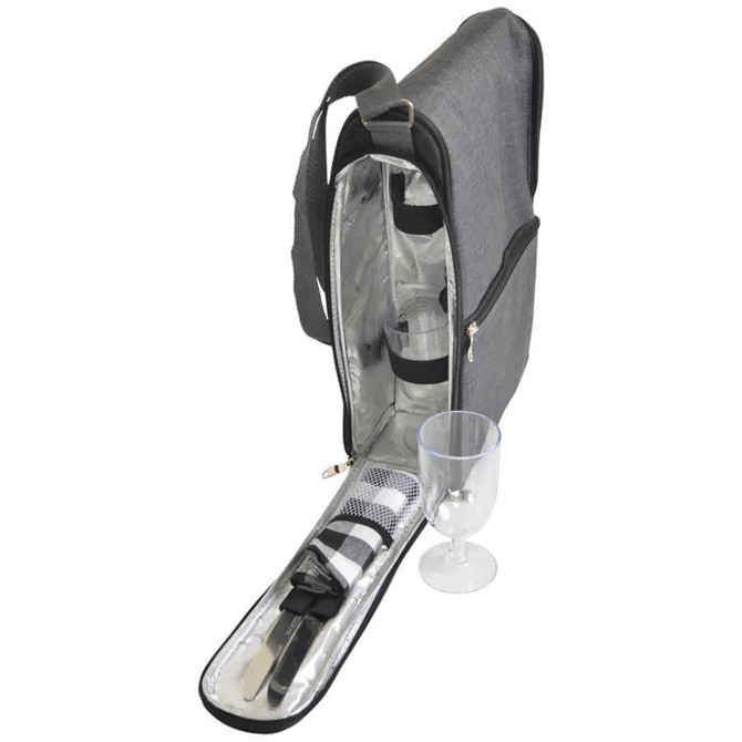 A drink bottle sling in grey, featuring a glass, utensil holder, and insulated interior design.