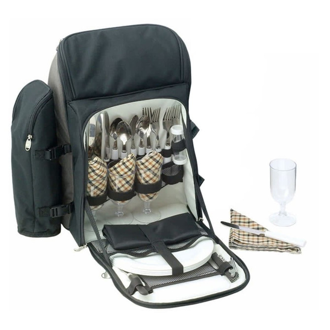 A black picnic backpack with cutlery, plates, glasses, and napkins neatly organised inside.