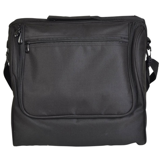 A black picnic basket with a zipped front pocket and an adjustable strap. It features a compact and sturdy design.