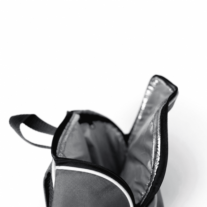 A grey picnic backpack with a zippered opening, featuring an insulated interior for food and drinks.