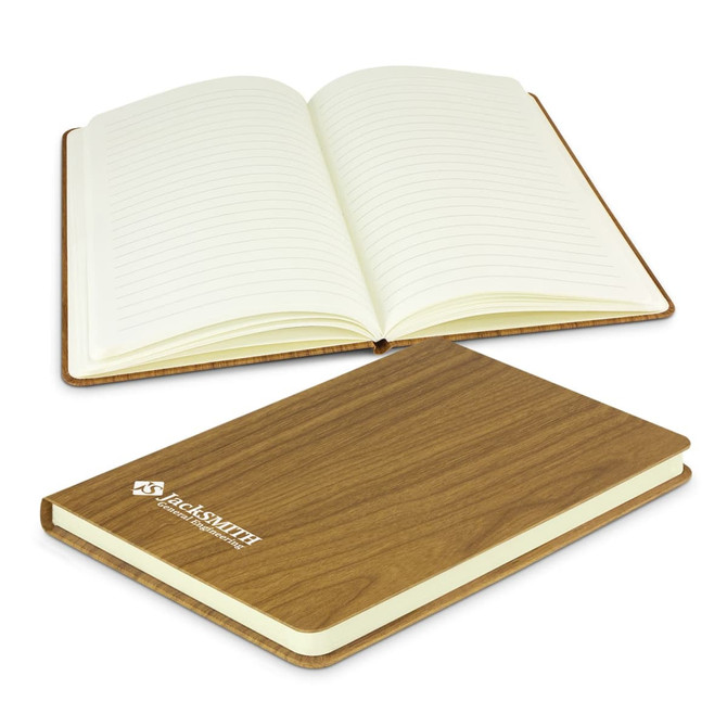 A brown notebook with a wooden cover, featuring plain lined pages, opened to show its interior. It has a logo on the cover.