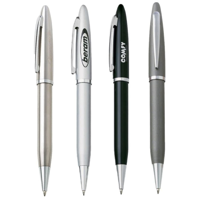 Four metal pens in various colours: silver, grey, black, and a textured silver with branding.