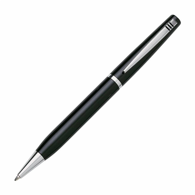 A black pen with a silver clip and trim, featuring a sleek, modern design and a logo on the barrel.