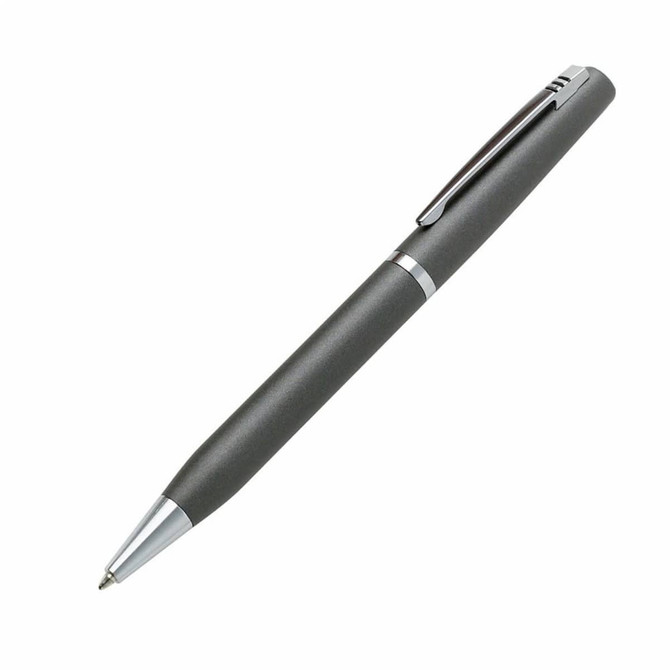 A black pen with a silver clip and tip, featuring a sleek design and smooth finish.