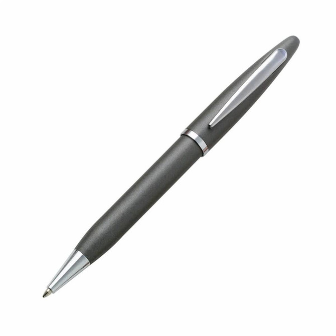 A sleek grey pen with a chrome clip and accents, featuring a logo on the barrel.
