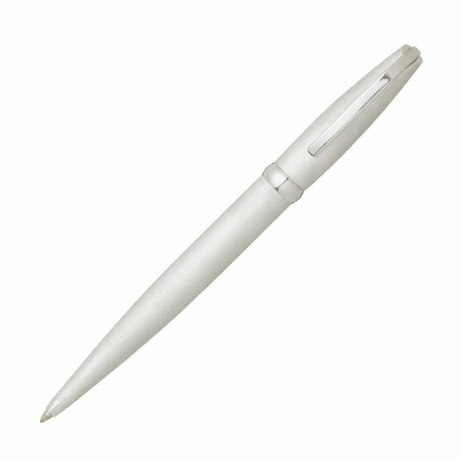 A silver pen with a sleek design and a clip, featuring a subtle logo on the body.
