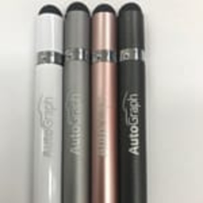 Four metal pens in silver, rose gold, grey, and black, featuring a logo on each pen.