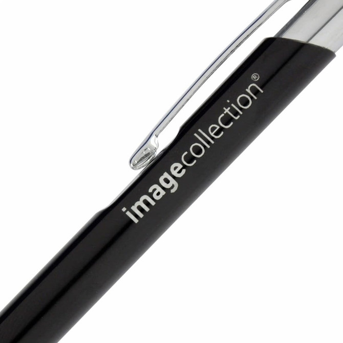 A metal pen with a sleek black body and a shiny silver clip, featuring a logo on the side.