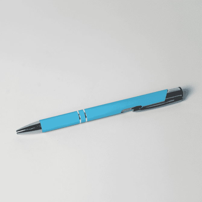 A metal pen in bright blue with silver accents, featuring a logo on the barrel.