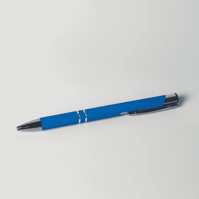A blue metal pen with a shiny chrome clip and accents, featuring a branding logo.