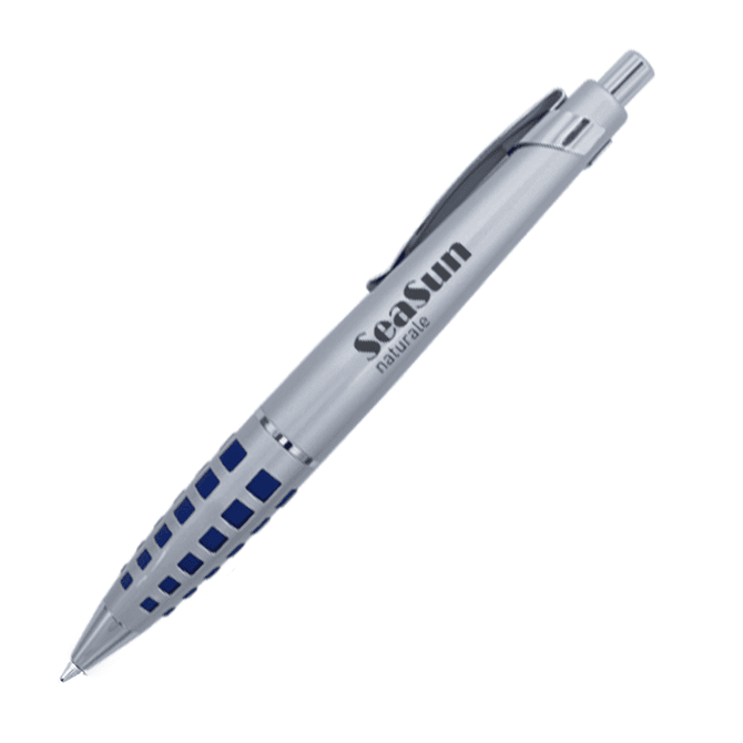 A silver metal pen with a textured blue grip and a logo on the body.