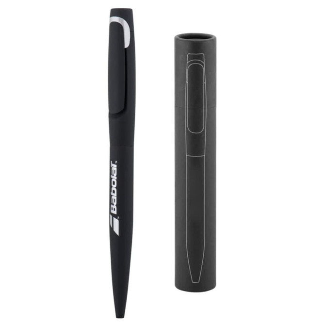 A black metal pen with a sleek design, featuring a pen holder. The pen has a logo on its side.