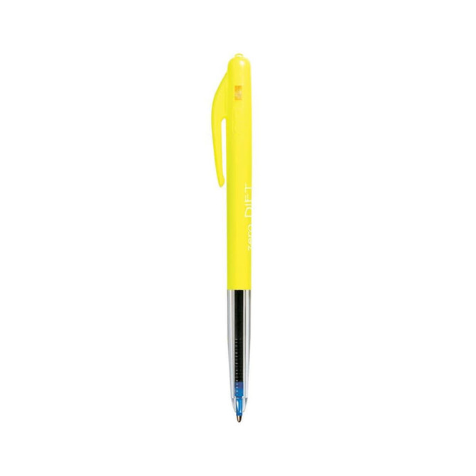 A yellow plastic pen with a transparent barrel and a blue ink tip. The pen features a logo but no other text.