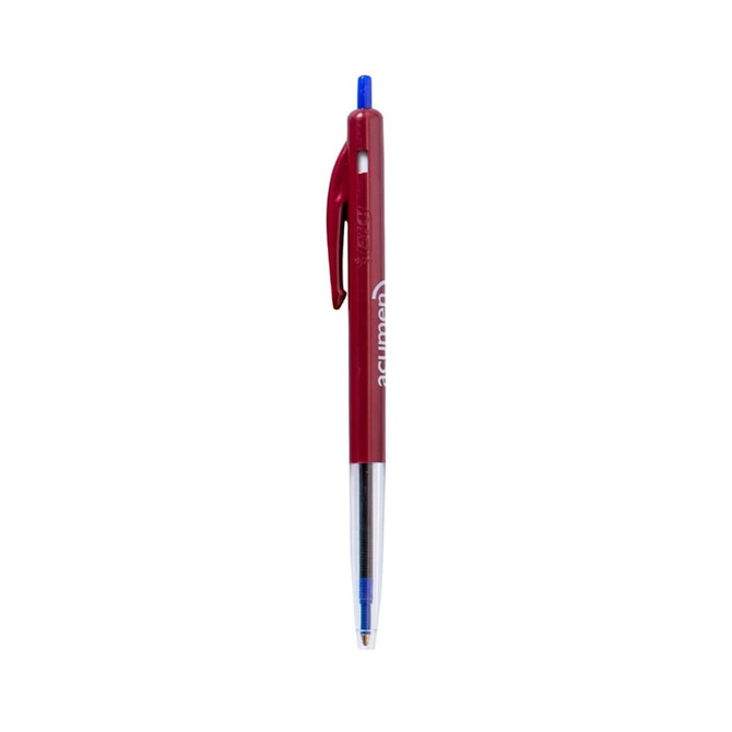 A red plastic pen with a clear barrel and blue ink, featuring a logo on the side.