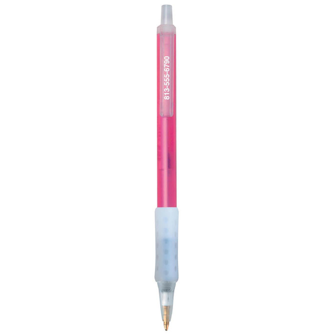 A pink Clic Stic Ice Grip pen with a clear barrel and a comfortable grip, featuring a branding logo.