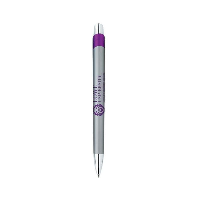 A silver and purple metal pen with a logo on the side.