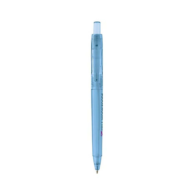 A blue eco mechanical pencil with a transparent body and an attached cap, featuring a logo on the side.