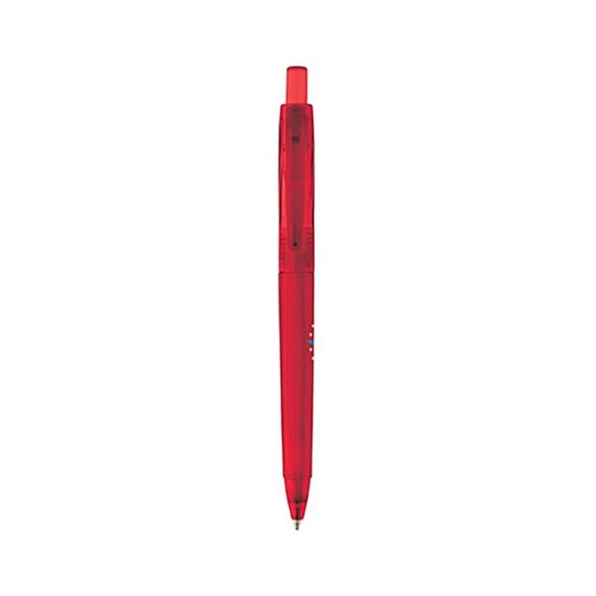 A red eco mechanical pencil with a transparent body and a refillable lead mechanism. It features a branding logo.
