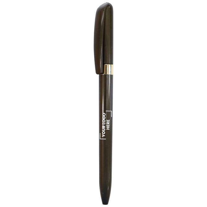 A metal pen in a dark green finish with a gold accent and a cap. It features a logo on the barrel.