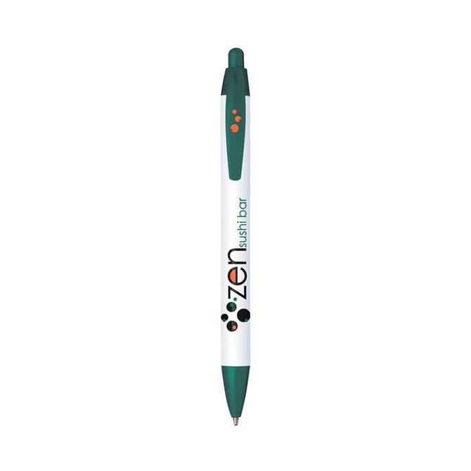 A widebody custom pen featuring a white barrel with green accents and a logo.