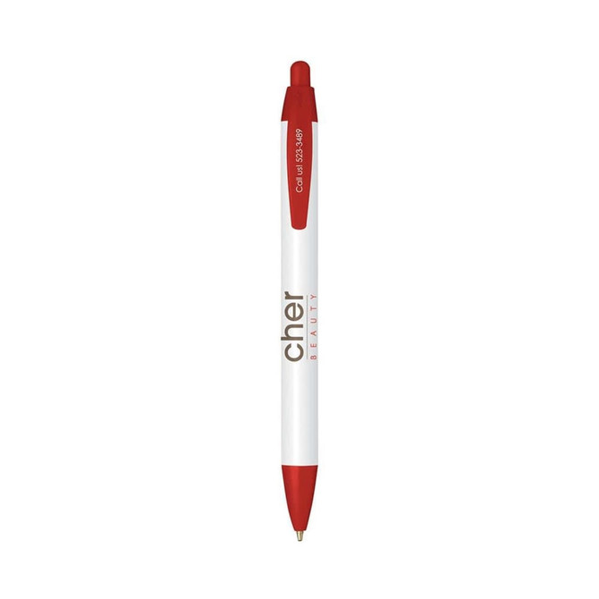 A widebody custom pen in white with red accents and a branding logo.