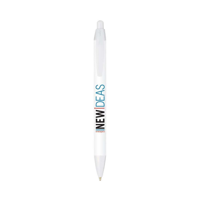 A white pen featuring a click mechanism, with a logo and text on its barrel.