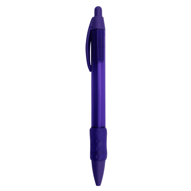 A purple plastic pen with a contoured grip and a clip. It features a logo on the barrel.