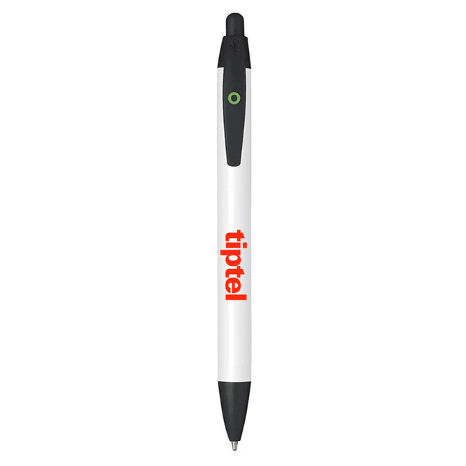 A plastic pen with a white barrel and black accents, featuring a logo on the side.