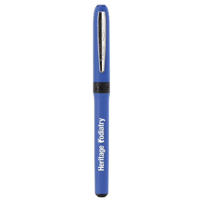 A blue pen with a silver clip and a logo on the side, designed for writing.
