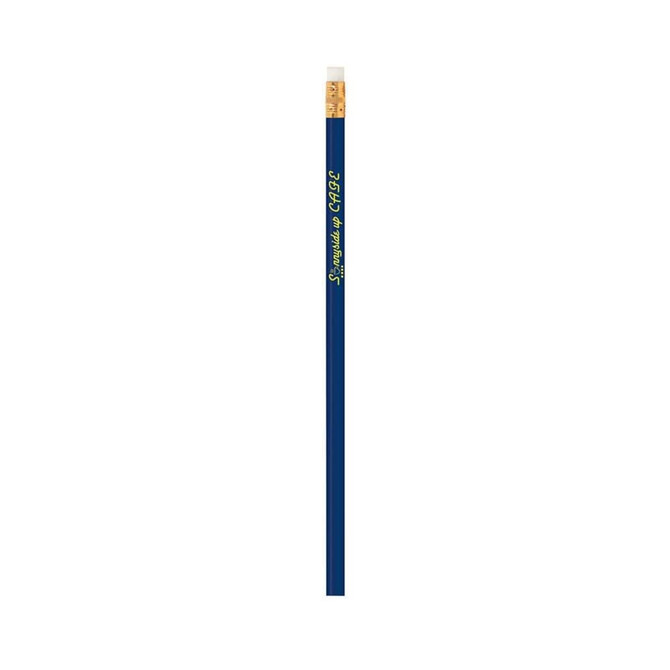 A blue pencil with a flat eraser, featuring a gold ferrule and branding on the shaft.