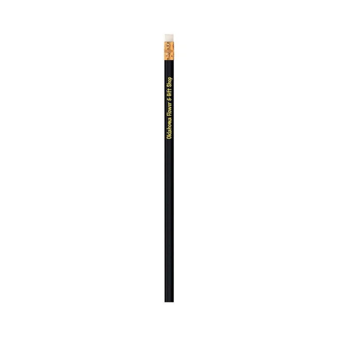 A black pencil featuring a hexagonal shape and a light-coloured eraser at the end. The pencil has a logo.