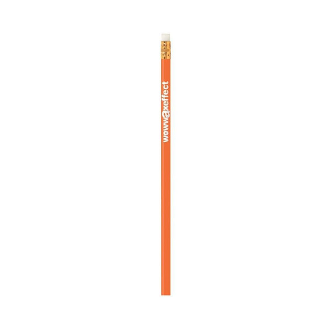 An orange writing pencil with a white eraser, featuring a branding logo.