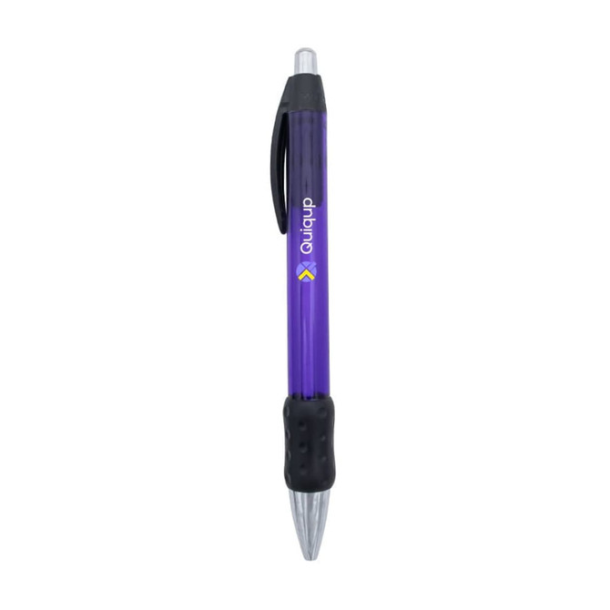 A purple chrome grip pen with a black rubber grip and a transparent barrel. The pen features a logo.