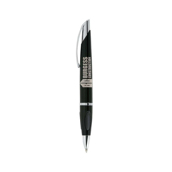 A black pen with a silver clip and a branding logo on the barrel.