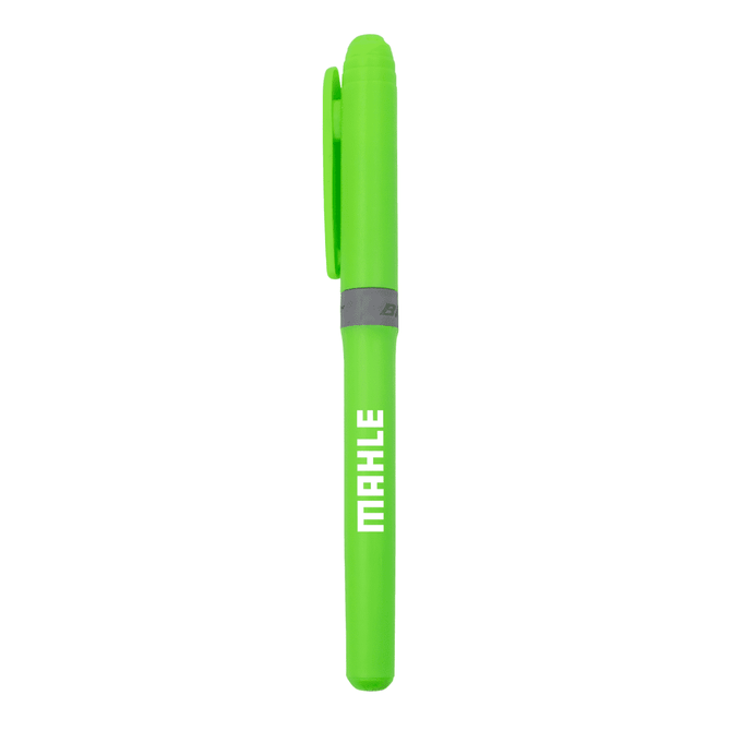 A green highlighter marker with a clip and branding on the side.