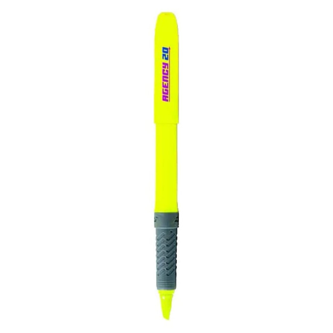 A bright yellow highlighter with a grey grip and a branding logo.