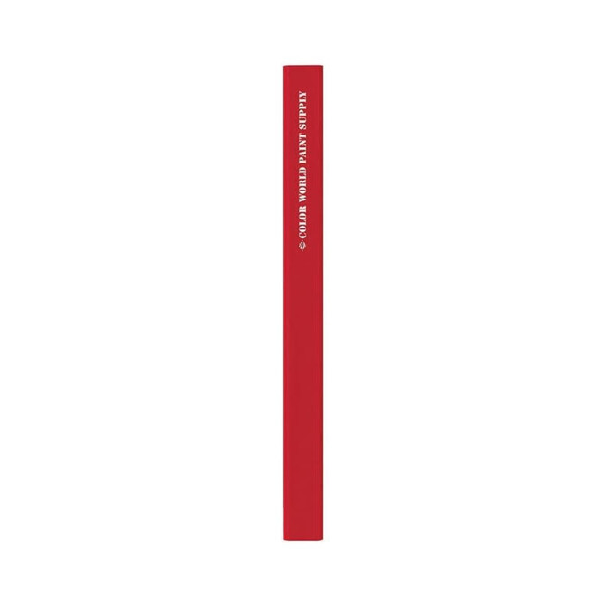 A red branded carpenter pencil with a rectangular shape and a logo on the side.