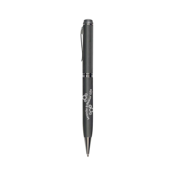 A metal twist pen in dark grey with a clip and a logo.