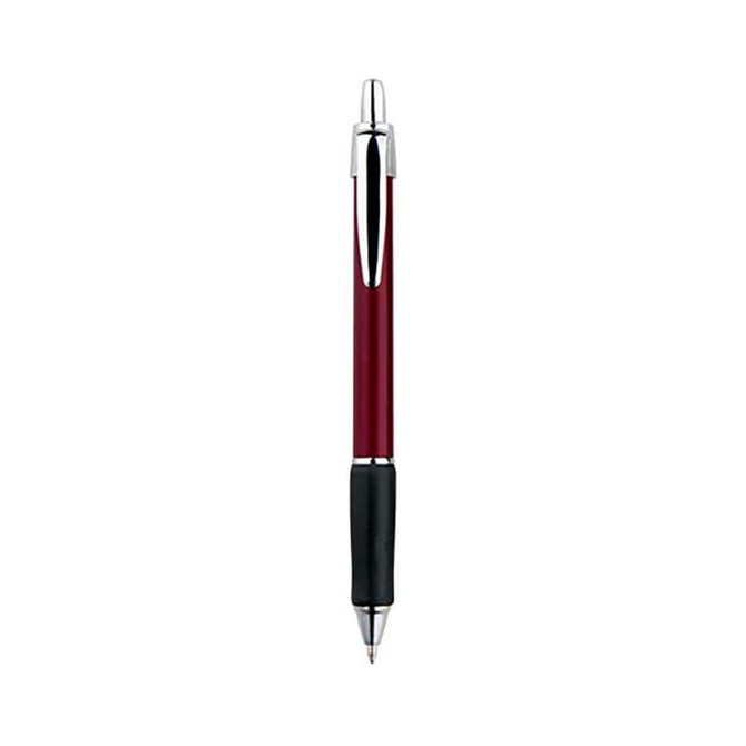 A metallic VIP pen in burgundy and black with a chrome tip, featuring branding.