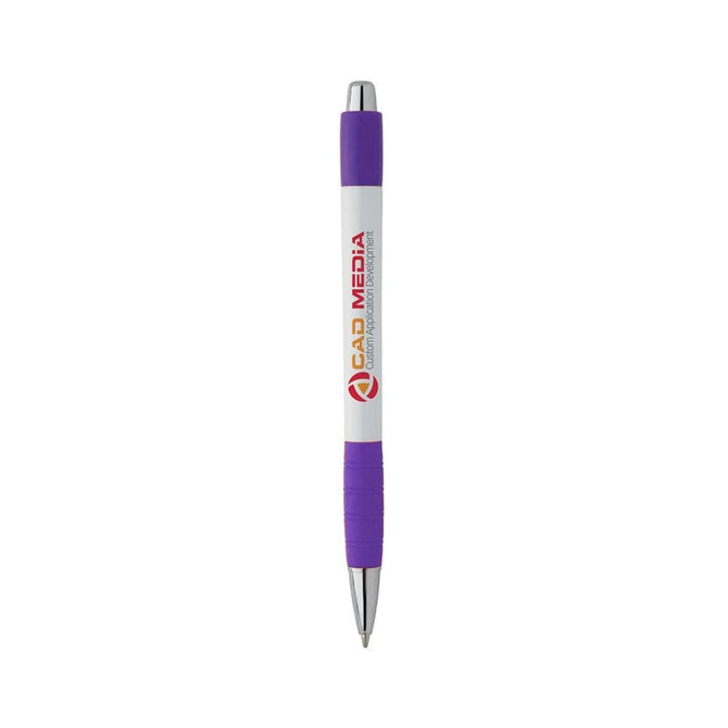 A white pen with a purple grip and silver accents, featuring a logo on the barrel.